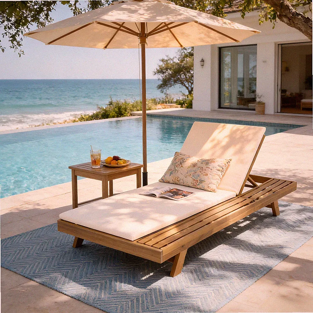 Acacia Wood Chaise Lounge Set w/ Adjustable Recliner & Water-Resistant Cushions
