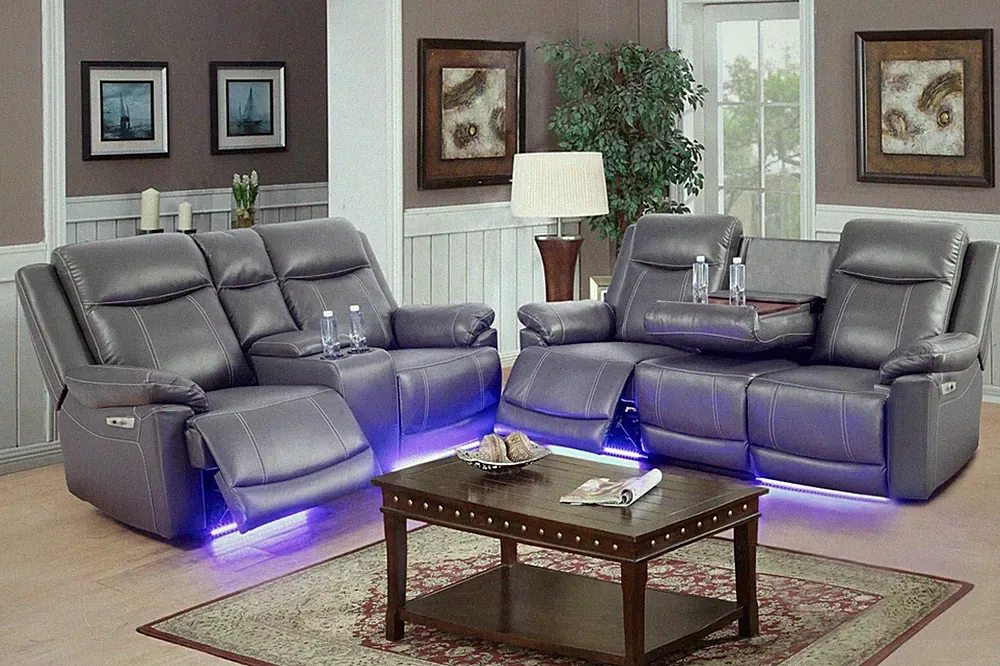 NEW Power Recliner Gray 2PC Sofa Loveseat Leather Set w/ LED & 4 Cupholder