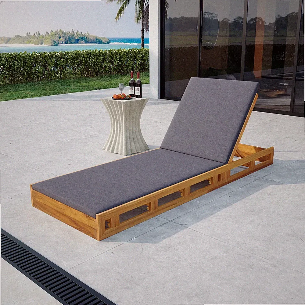 Outdoor Chaise Lounge Acacia Wood Adjustable Reclining Chair w/ Cushion