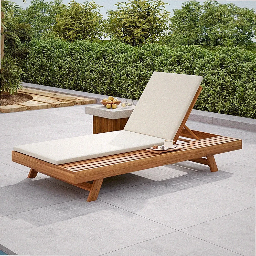 Outdoor Chaise Lounge Set w/ Adjustable Recline & Cushion, Cream, Acacia Wood