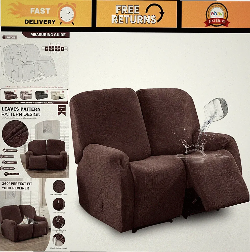 Water Repellent Recliner Loveseat Slipcover 6 Pieces Leaf Jacquard Stretch Sofa